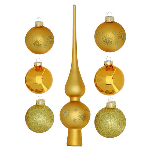 Box of 19 pcs gold-colored Christmas balls and tree topper, various glass sizes 3
