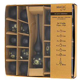 Boîte cimier et 18 boules de Noël verre noir 6 cm