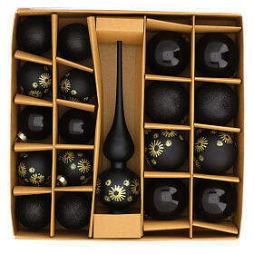 Boîte cimier et 18 boules de Noël verre noir 6 cm