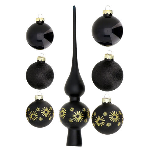 Box with tree topper and 18 black glass Christmas baubles 6 cm 3