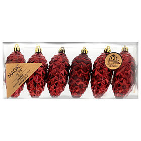 Box of conical Christmas ornaments, dark red plastic, 3.5 in