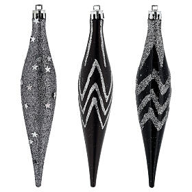 Weihnachtsbaumschmuck, 6-teiliges Set, konische Kugeln, schwarz mit Glitzermotiven, recycelter Kunststoff – Höhe 15 cm