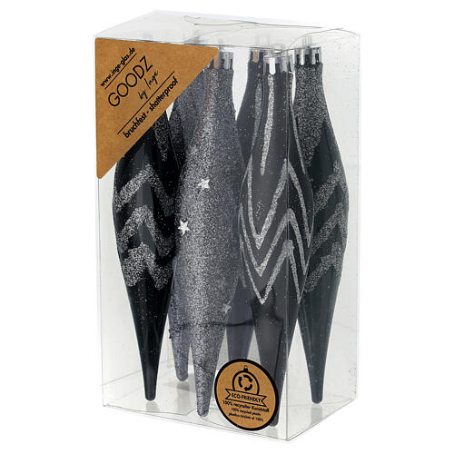 Weihnachtsbaumschmuck, 6-teiliges Set, konische Kugeln, schwarz mit Glitzermotiven, recycelter Kunststoff – Höhe 15 cm 1