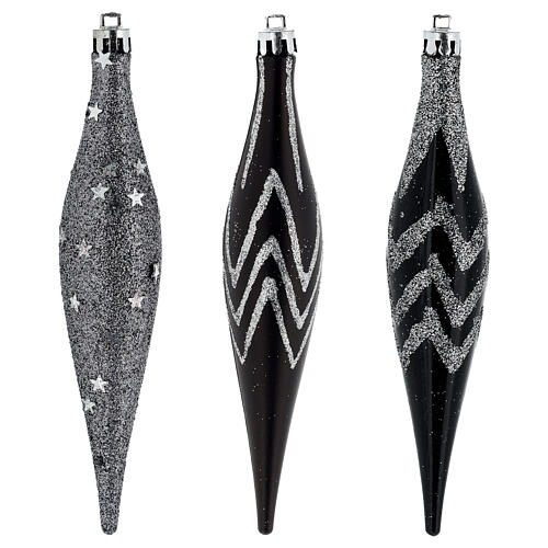 Weihnachtsbaumschmuck, 6-teiliges Set, konische Kugeln, schwarz mit Glitzermotiven, recycelter Kunststoff – Höhe 15 cm 2