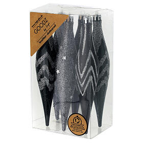 Set 6 palline Natale coniche nere glitterate plastica riciclata 15 cm