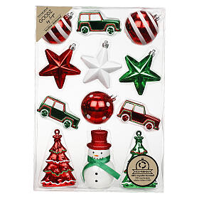 Weihnachtsbaumschmuck, 12-teiliges Set, rote und weiße Dekoformen, recycelter Kunststoff – 6–10,5 cm