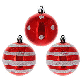 Set of 12 Christmas balls, red and white plastic, different shapes, 2.4-4.1 in