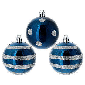 Set of 12 Christmas balls, light blue-petrol blue-dark blue, different shapes, 2.4-4.1 in