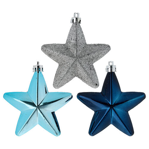 Set of 12 Christmas balls, light blue-petrol blue-dark blue, different shapes, 2.4-4.1 in 4