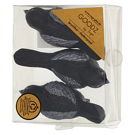 Set of 3 birds with clip, black recycled plastic, 3.5 in