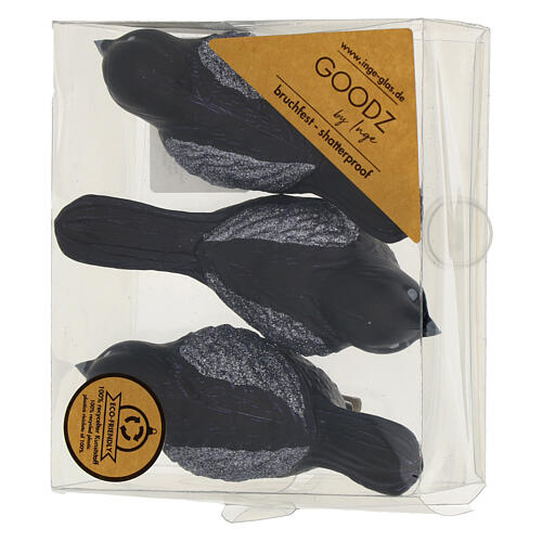 Set of 3 birds with clip, black recycled plastic, 3.5 in 1