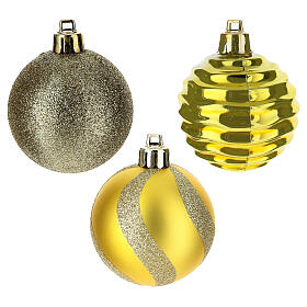 Weihnachtsbaumschmuck, 24-teiliges Set, goldfarben, verschiedene Formen und Oberflächen, Kunststoff – 5–6 cm