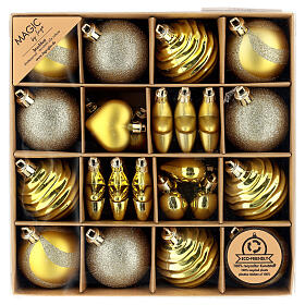 Box of 24 golden Christmas ornaments, different sizes and shapes, recycled plastic, 2-2.5 in