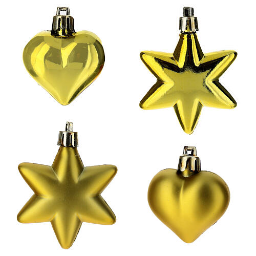 Box of 24 golden Christmas ornaments, different sizes and shapes, recycled plastic, 2-2.5 in 3