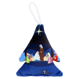 Blue fabric tree ornament with Nativity Scene, 4x3 in