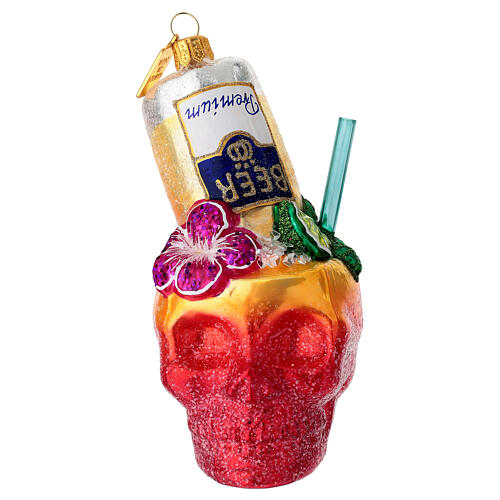 Tropical skull cocktail Christmas tree ornament in blown glass 1