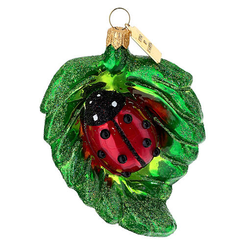 Ladybug on a green leaf, blown glass Christmas tree decoration 2