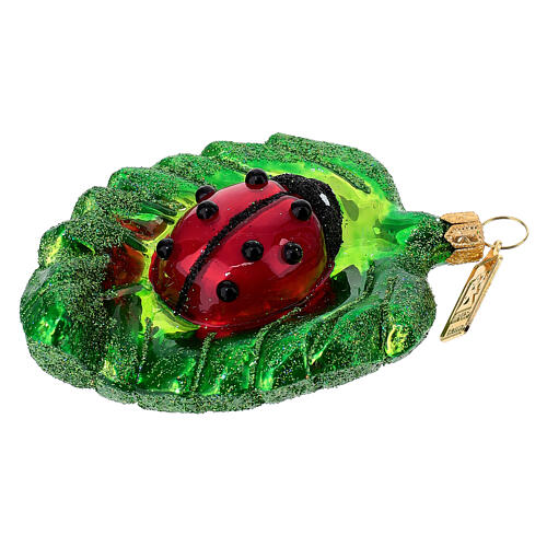 Coccinelle sur feuille verte en verre soufflé décoration sapin Noël 1