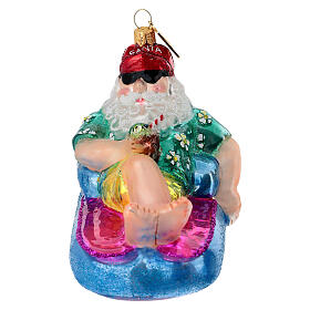 Weihnachtsmann auf Luftmatratze, Weihnachtsbaumschmuck aus mundgeblasenem Glas