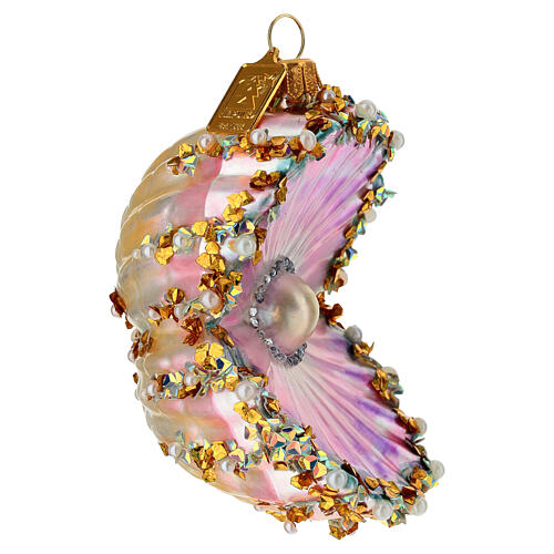 Blown glass Christmas tree ornament: shell with pearl 3
