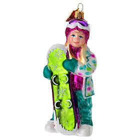 Girl with snowboard blown glass Christmas tree ornament