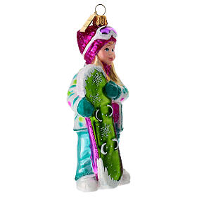 Girl with snowboard blown glass Christmas tree ornament