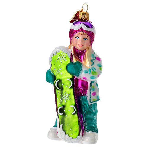 Girl with snowboard blown glass Christmas tree ornament 1