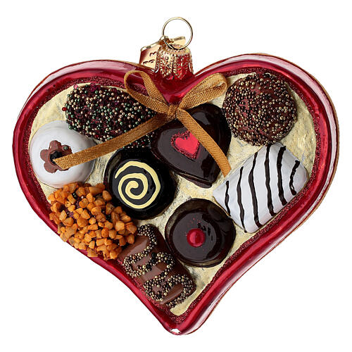Heart-shaped box of chocolates blown-glass Christmas tree ornament 1