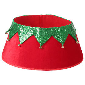 Funda para base árbol de Navidad de tela roja y verde con campanillas 30x40 cm