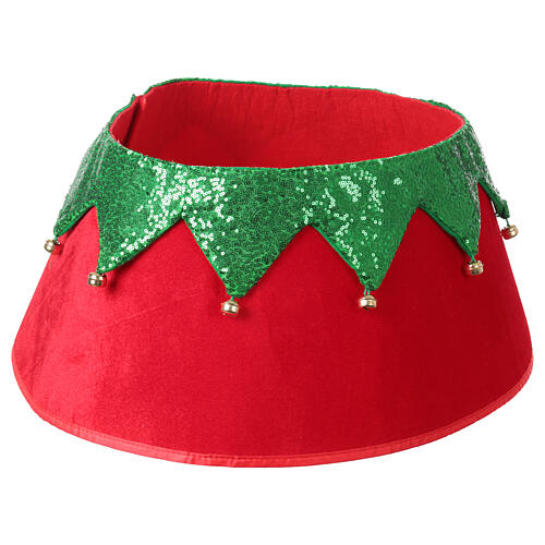 Copribase albero di Natale in tessuto rosso e verde con campanelle 30x40 cm 3