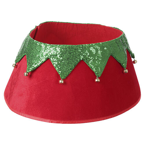 Copribase albero di Natale in tessuto rosso e verde con campanelle 30x40 cm 1