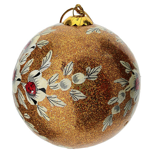 Christmas papier-mâché ball with daisies on gold glittery background, 3 in 2
