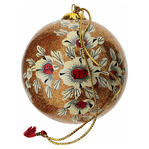 Bola de Natal papel-machê margaridas fundo dourado glíter 80 mm 3