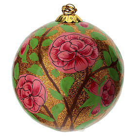 Pallina natalizia cartapesta oro glitterata composizione di rose 80mm