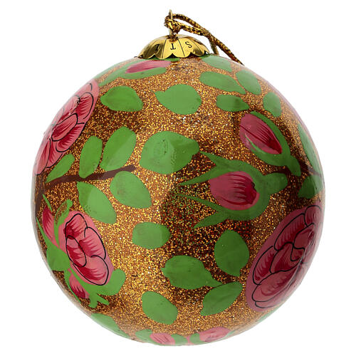 Bombka bożonarodzeniowa z papier-mâché, złota brokatowa z kompozycją róż, 80 mm 2