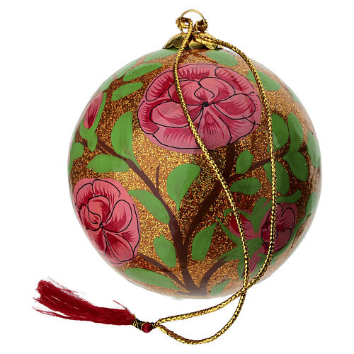 Bombka bożonarodzeniowa z papier-mâché, złota brokatowa z kompozycją róż, 80 mm 3