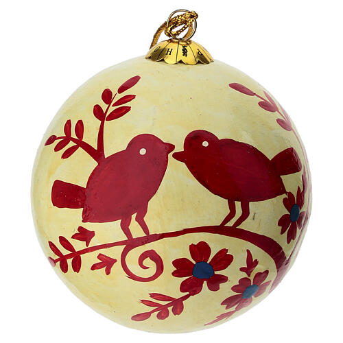 Boule en papier mâché blanc crème 80 mm avec oiseaux 1