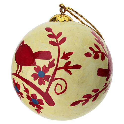 Bola de papel-machê branco creme 80 mm com pássaros 2