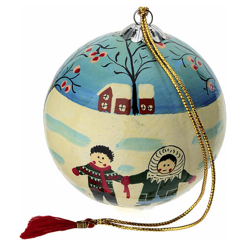 Bombka, zimowy pejzaż z dziećmi, 80 mm, papier-mâché 3