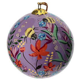 Bola de Natal papier-mâché 80 mm cor-de-rosa com composição natural e abelhas