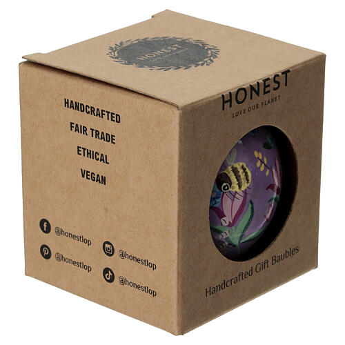 Bola de Natal papier-mâché 80 mm cor-de-rosa com composição natural e abelhas 4