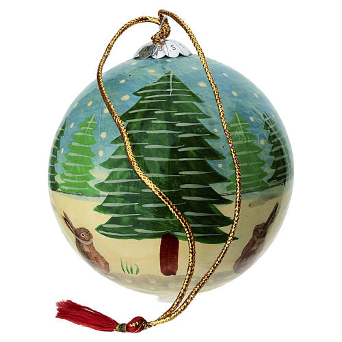 Décoration boule de Noël paysage enneigé avec lapins en papier mâché 80 mm 3