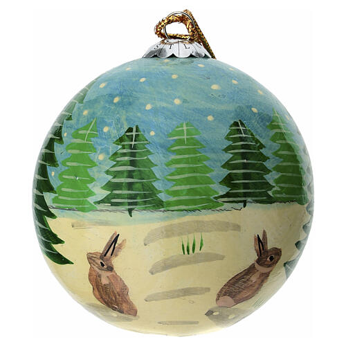 Snowy Christmas landscape ball with paper mache rabbits 80mm 2