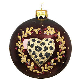 Safari line glass Christmas bauble with leopard-print heart in gold and purple, assorted colours, 3 in