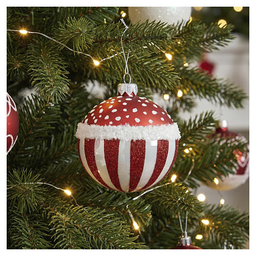 Weihnachtsbaumkugel aus Glas Rot und Weiß mit Punkten und Streifen verschiedene Dekore 8 cm 2