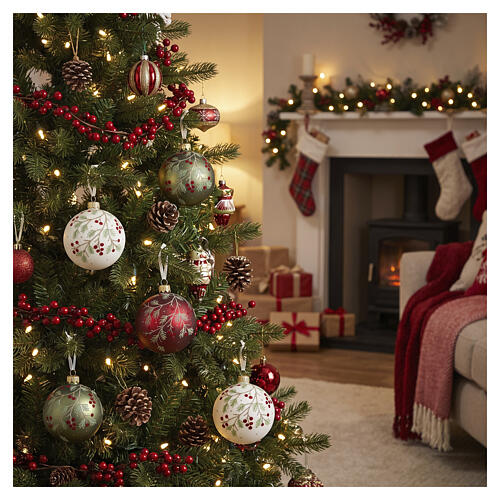 Blown glass Christmas bauble, Forest collection with branches and red berries, assorted colours, 3 in 2