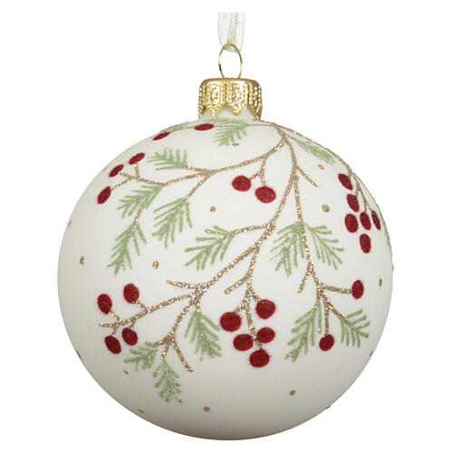 Blown glass Christmas bauble, Forest collection with branches and red berries, assorted colours, 3 in 4