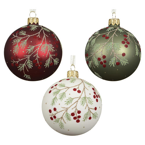Pallina natalizia vetro linea Bosco con rami e bacche rosse colori assortiti 8 cm 5