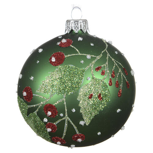 Weihnachtsbaumkugel aus mattem Glas mit grünen Blättern und roten Beeren verschiedene Farben 8 cm 3