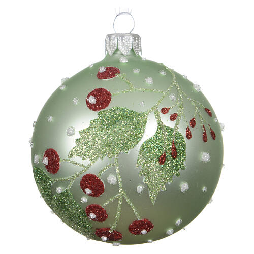 Matte glass Christmas ball with green leaves and red berries, assorted colors, 8 cm 1